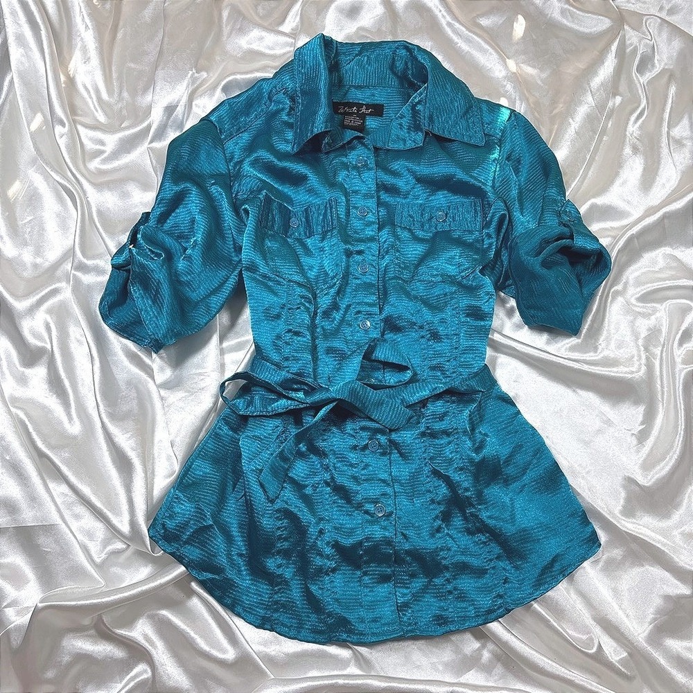 y2k Tunic Top Teal Excellent Shimmer Satin Textured Tie Waist Button Down